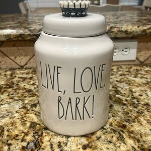 Rae Dunn Love, Love, Bark! Cookie jar for pets.